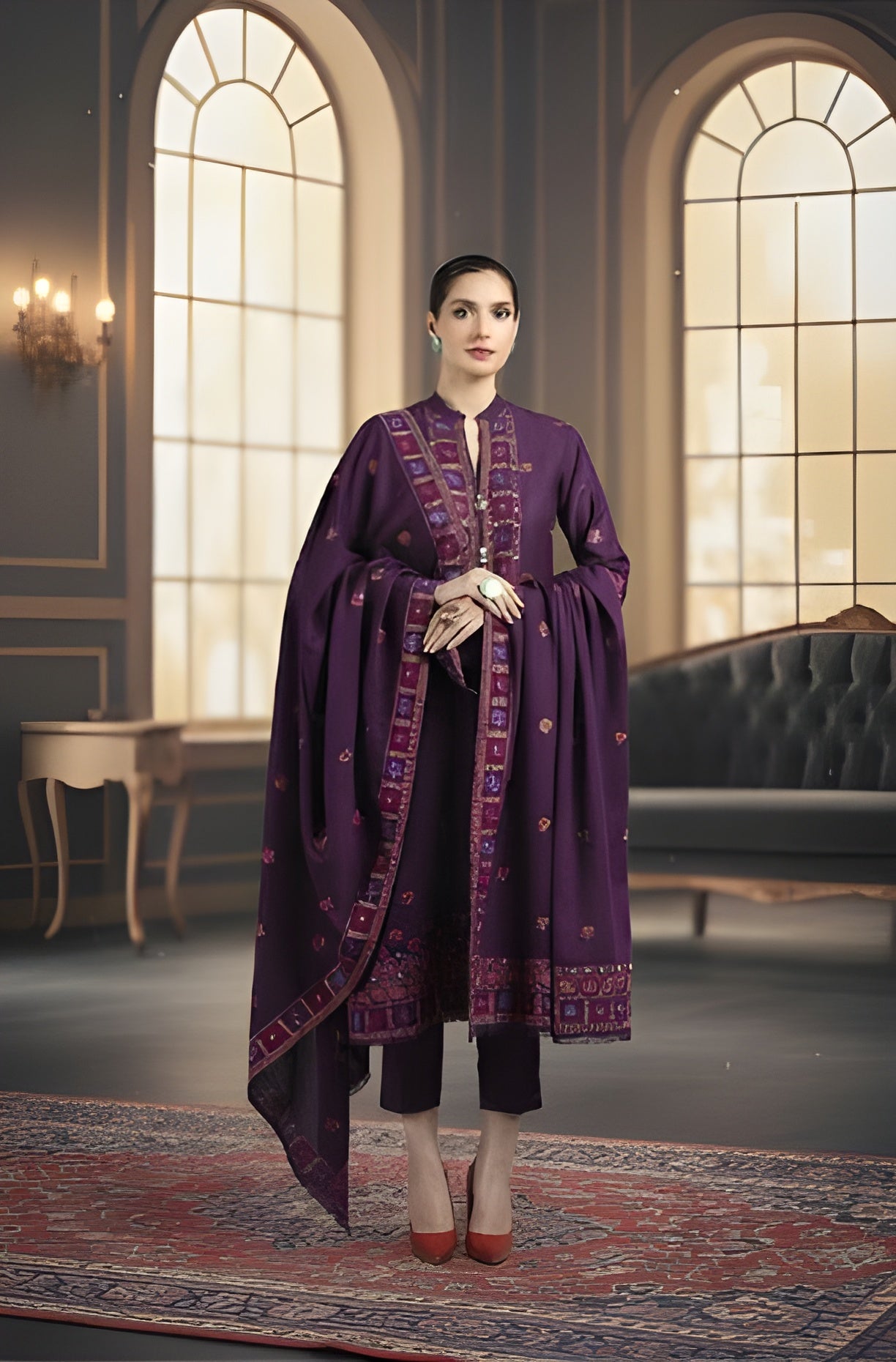 Dhanak Embroidered 3-Piece Suit